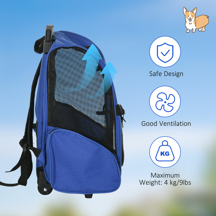 PawHut Portable Pet Carrier Backpack with Trolley, Telescopic Handle, Stroller Wheels for Cats & Dogs, 42 x 25 x 55 cm, Blue | Aosom UK