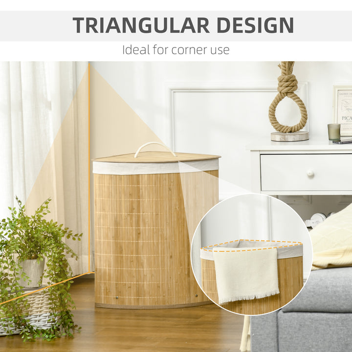 Bamboo Laundry Basket with Lid, 55 Litres Laundry Hamper with Removable Washable Lining, Corner Washing Baskets, 38 x 38 x 57cm, Natural