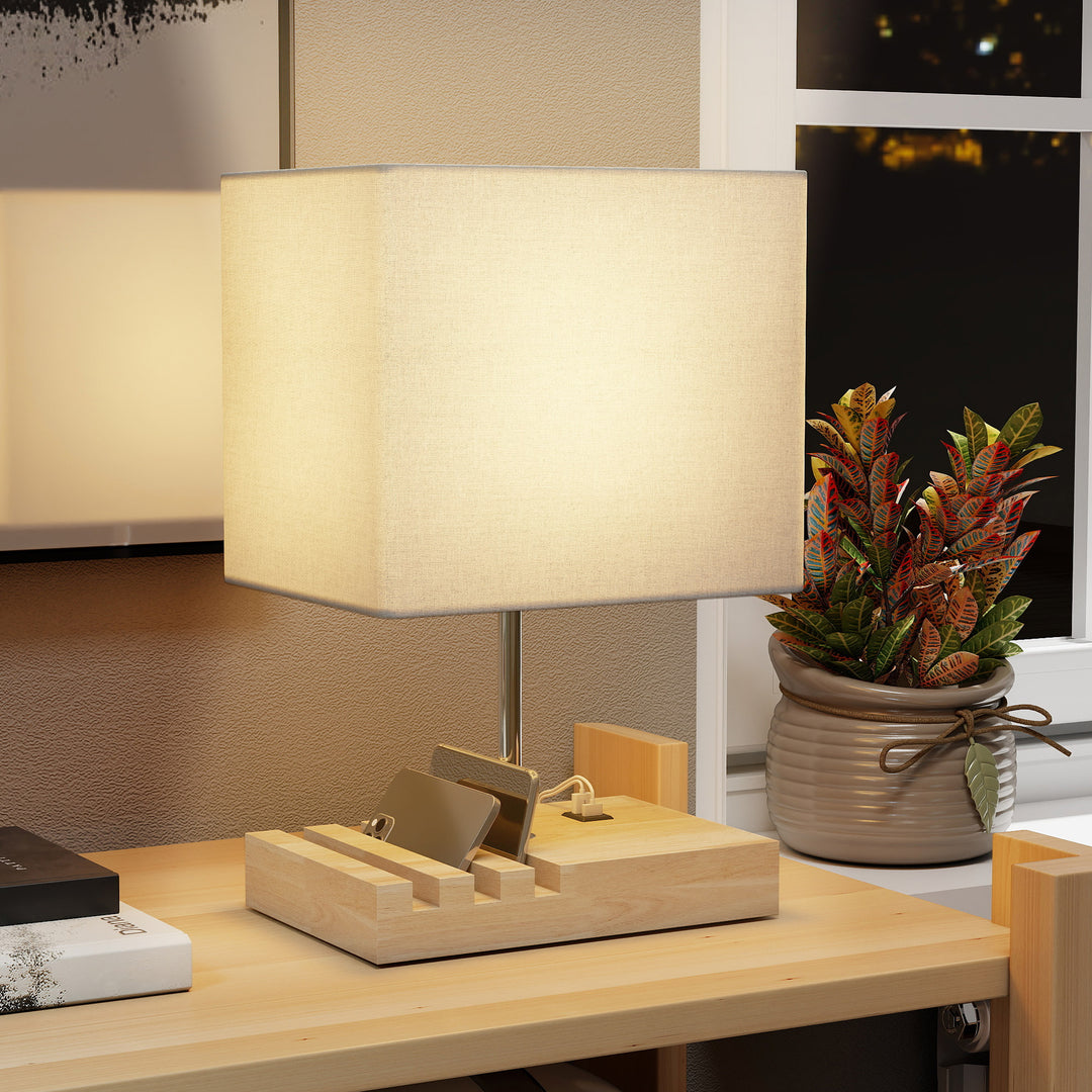 Bedside Lamp with USB A+C Charging Ports and 3 Phone Stands, Modern Table Lamp with Solid Wood Base and Fabric Shade for Bedroom Living Room Office, E27 Socket, Bulb Not Included