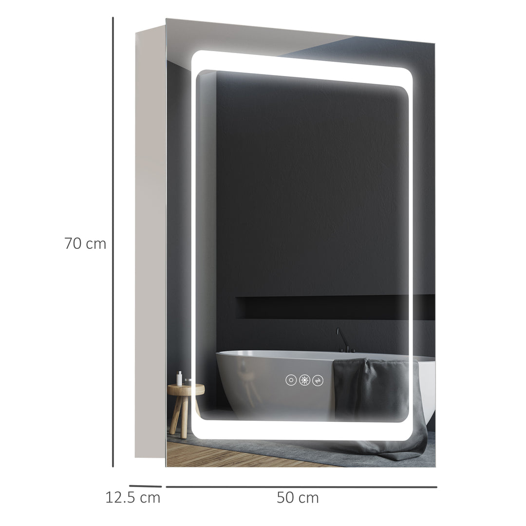 kleankin Illuminated Bathroom Mirror Cabinet: Wall-Mounted with Touch Switch, Shelves for Makeup Storage, Silver Finish | Aosom UK