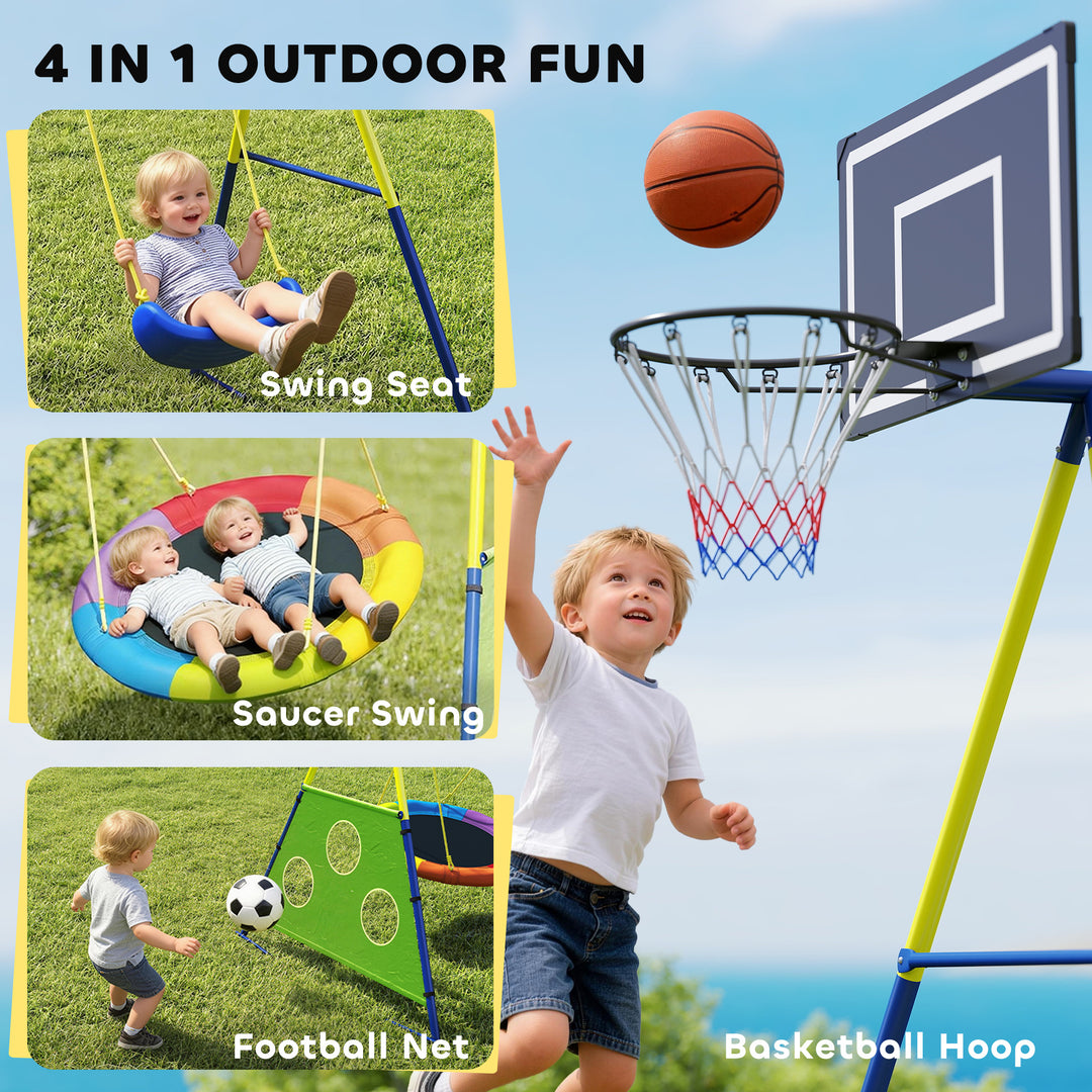 4-in-1 Kids Swing Set with Saucer Swing, Basketball Hoop and Football 