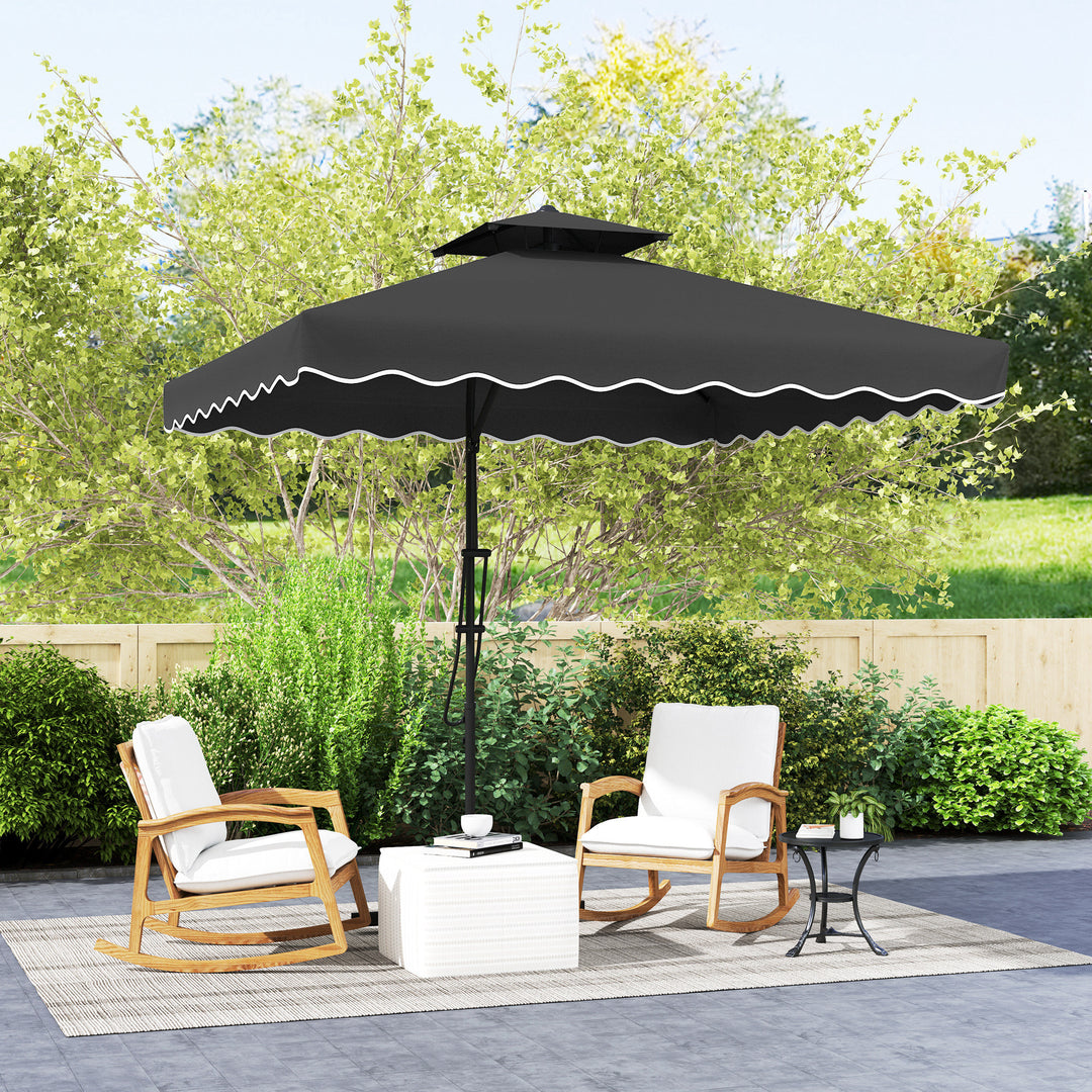 2.5m Cantilever Parasol with Easy Lever, Square Double Top Garden Parasol Umbrella with Ruffles and Cross Base, Overhanging Outdoor Sun Shades, Black