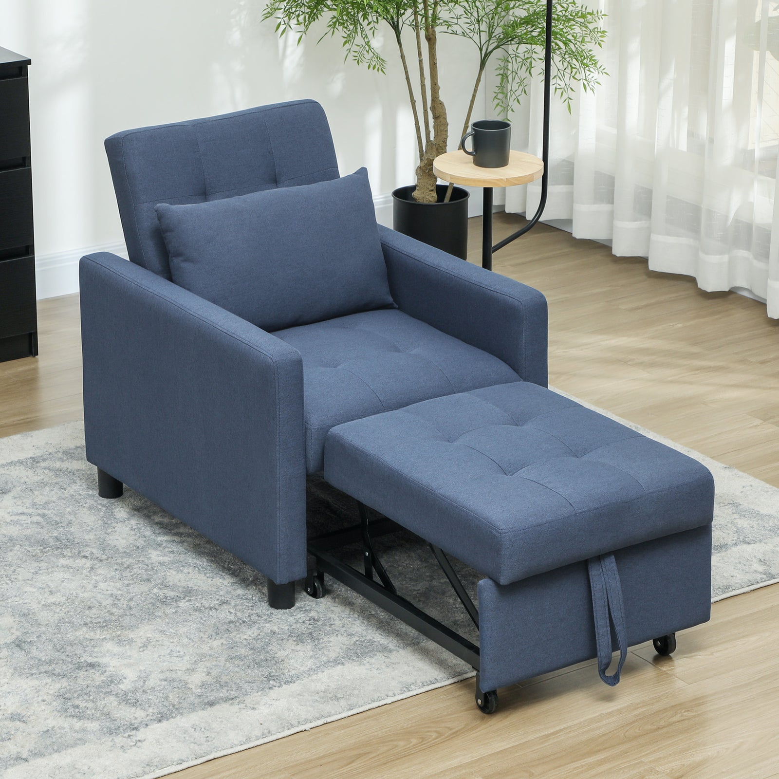 3-In-1 Chair Bed, Convertible Sleeper Chair with Adjustable Backrest, Pillow and Footrest for Living Room, Blue