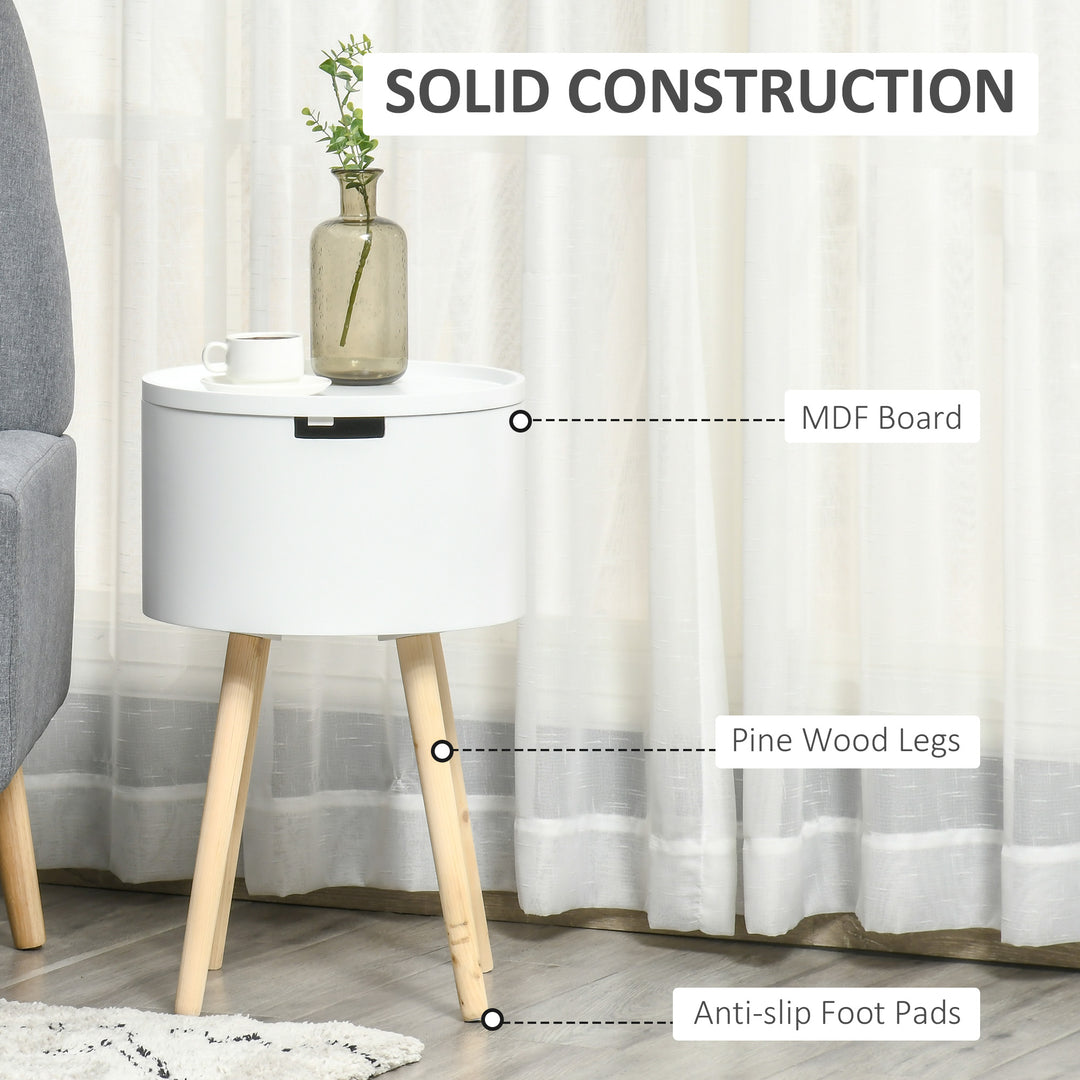 Modern Side Table with Hidden Storage Space, Round Night Stand with Removable Tray Wood Frame End Coffee Table for Living Room, Set of 2, White
