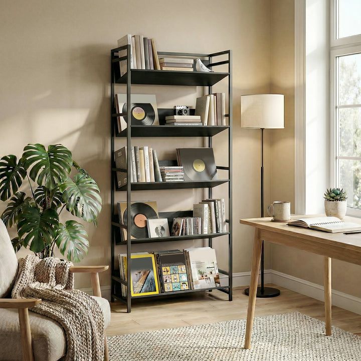 Bookshelf 5-Tier Metal Frame Bookcase Storage Shelves for Living Room 