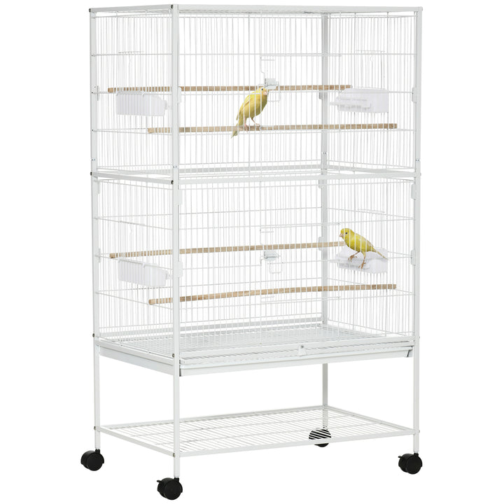 PawHut Large Aviary Bird Cage for Canaries, Budgies with Rolling Stand, Slide-out Cleaning Tray, Perch, Food Containers, White | Aosom UK