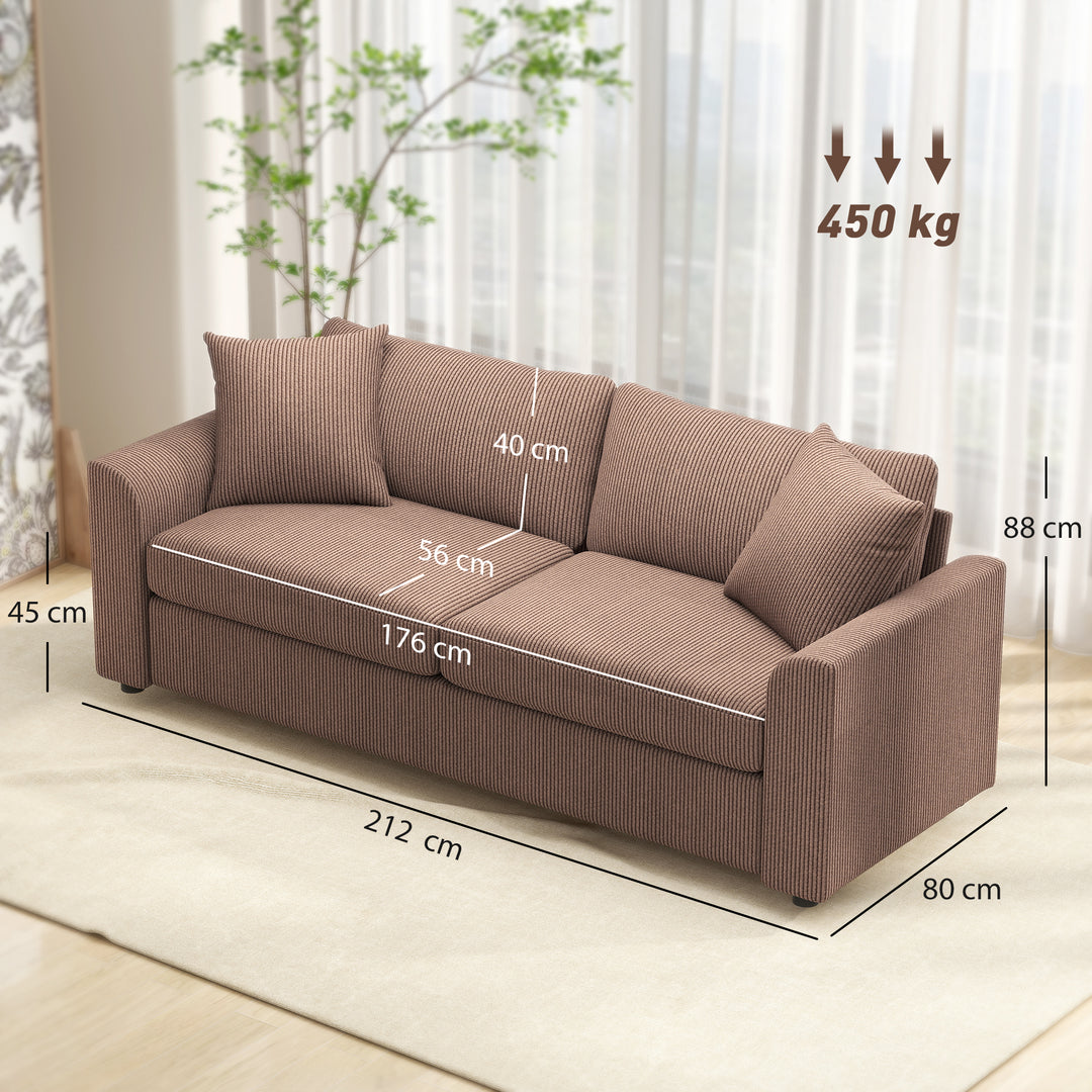 Modern 3 Seater Sofa with Spring Cushion, 212 cm Fabric Jumbo Cord Sofa Couch with 2 Scatter Cushions, Upholstered Corduroy Settee for Living Room, Bedroom, Home Office, Coffee