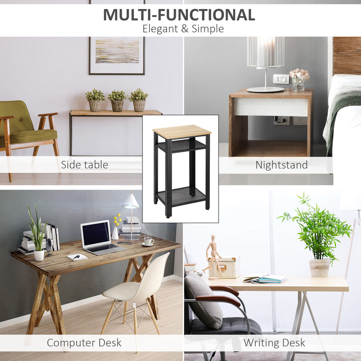 Tall Side Table Set of 2 with 3 Layer, 2 Shelves Storage Display Industrial-Style, Metal Frame, Bedside End Table for Living Room Bedroom, Oak and Black