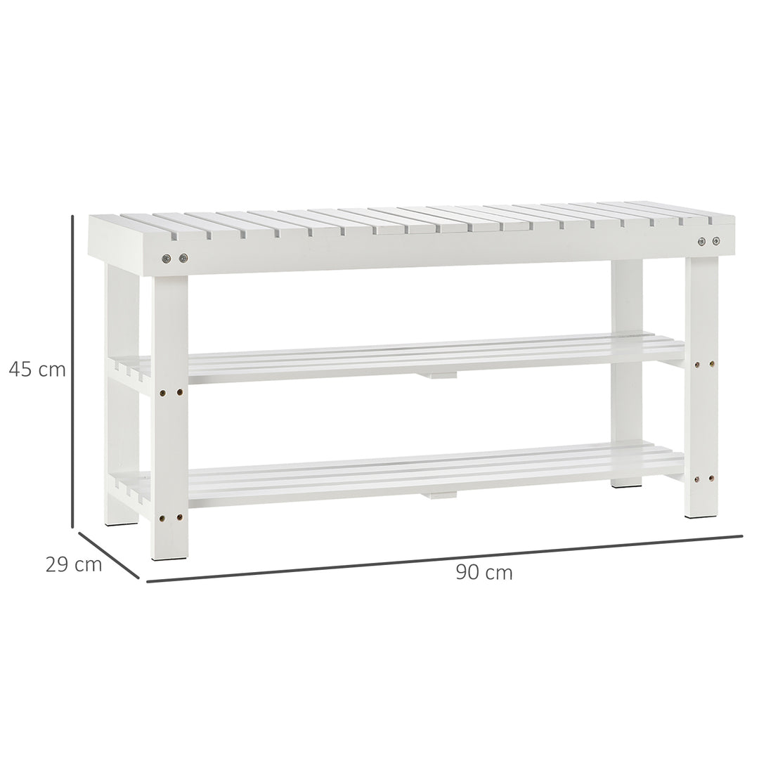 Shoe Bench, 3-Tier Wooden Shoe Rack with Hidden Storage Compartment, Slatted Shelves, Home Storage Unit, Hallway Furniture, White, 90L x 29W x45H cm