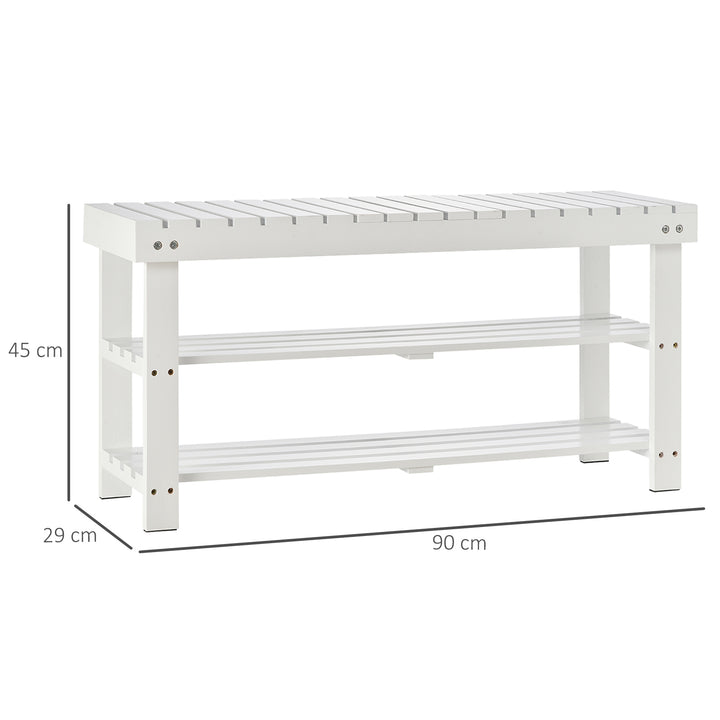Shoe Bench, 3-Tier Wooden Shoe Rack with Hidden Storage Compartment, Slatted Shelves, Home Storage Unit, Hallway Furniture, White, 90L x 29W x45H cm