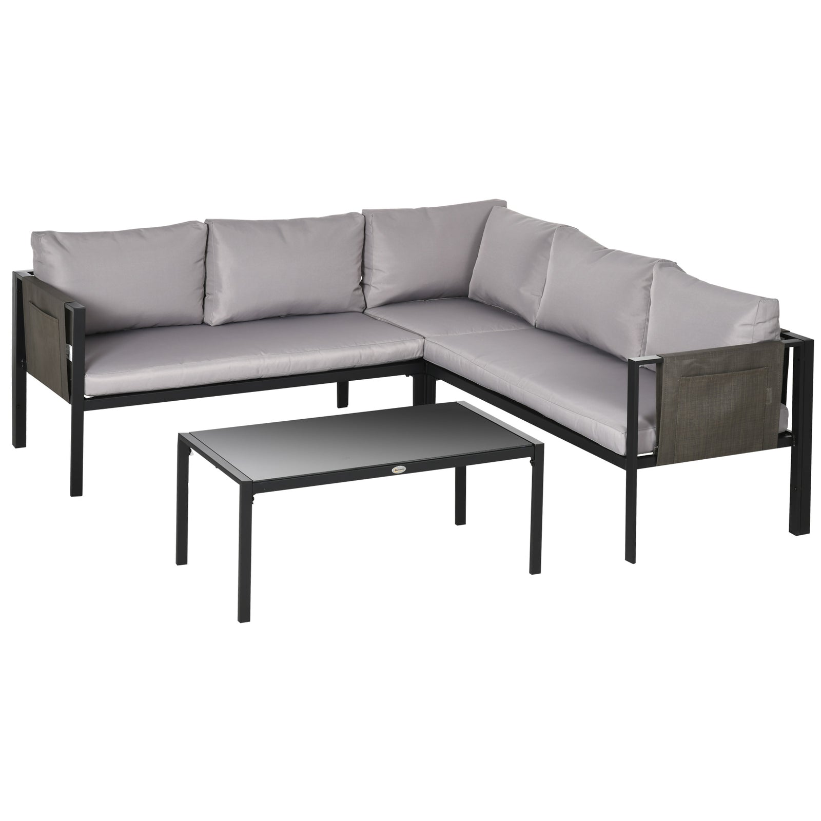 5 Seater Garden Corner Sofa Set, 4 Pieces Metal Garden Furniture Set with Loveseats, Glass Top Coffee Table, Breathable Mesh Pocket, Outdoor Conversation Furniture with Cushions, Light Grey