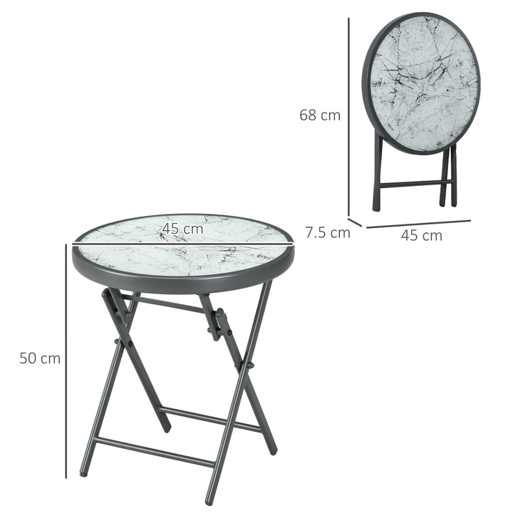 Φ45cm Garden Side Table, Outdoor Round Folding Patio Table with Imitation Marble Glass Top, Small Coffee Table, White