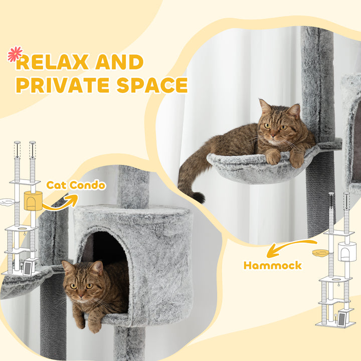 225-255cm Floor to Ceiling Cat Tree, Large Cat Tower w/ Cat Scratching Posts, Ramp, Cat House