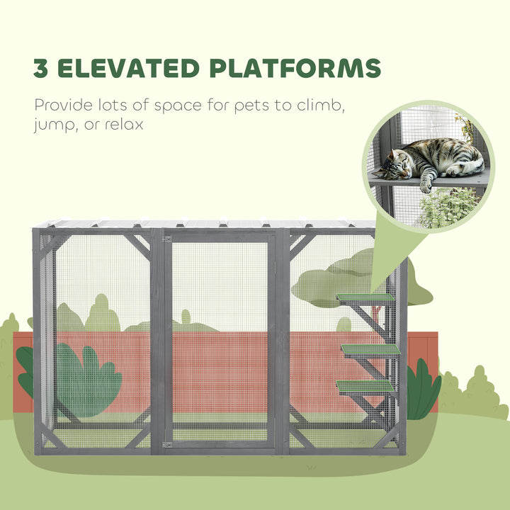 71" Outdoor Wooden Cat House with Three Platforms, Large Door, Water-Resistant Roof, for Multiple Cats, Grey