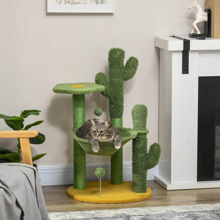 PawHut Cactus Cat Tree: Playful 82cm Chenille with Scratching Post & Hammock, Vibrant Green | Aosom UK