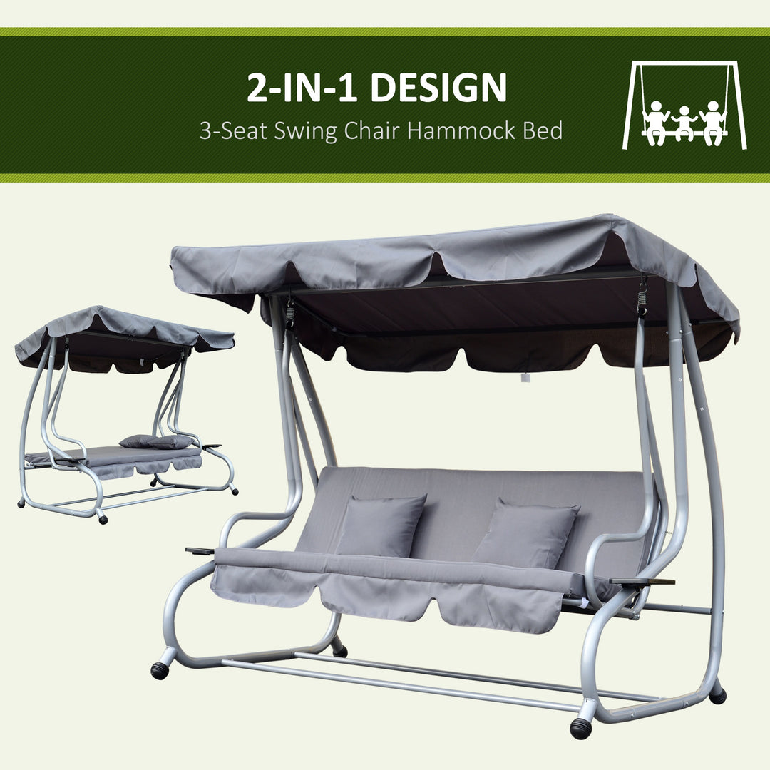 Outsunny 2-in-1 Garden Swing Seat Bed 3 Seater Swing Chair Hammock Bench Bed with Tilting Canopy and 2 Cushions, Grey | Aosom UK