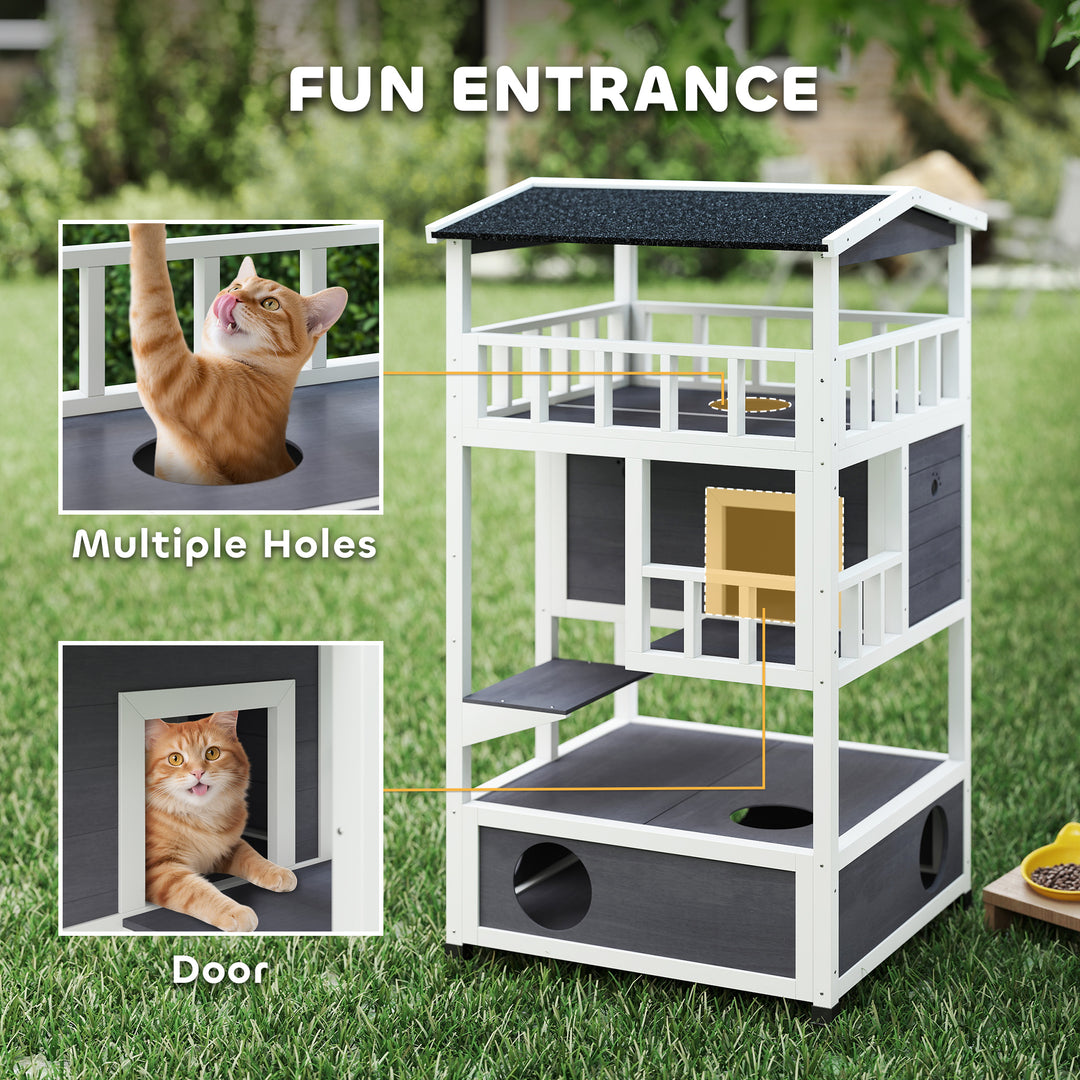 MCL Wooden Outdoor Cat House, 3-Tier Cat Shelter with Tilted Roof, Terrace, Jump Step, Bottom Tray and Elevated Base, Waterproof Paint, Grey