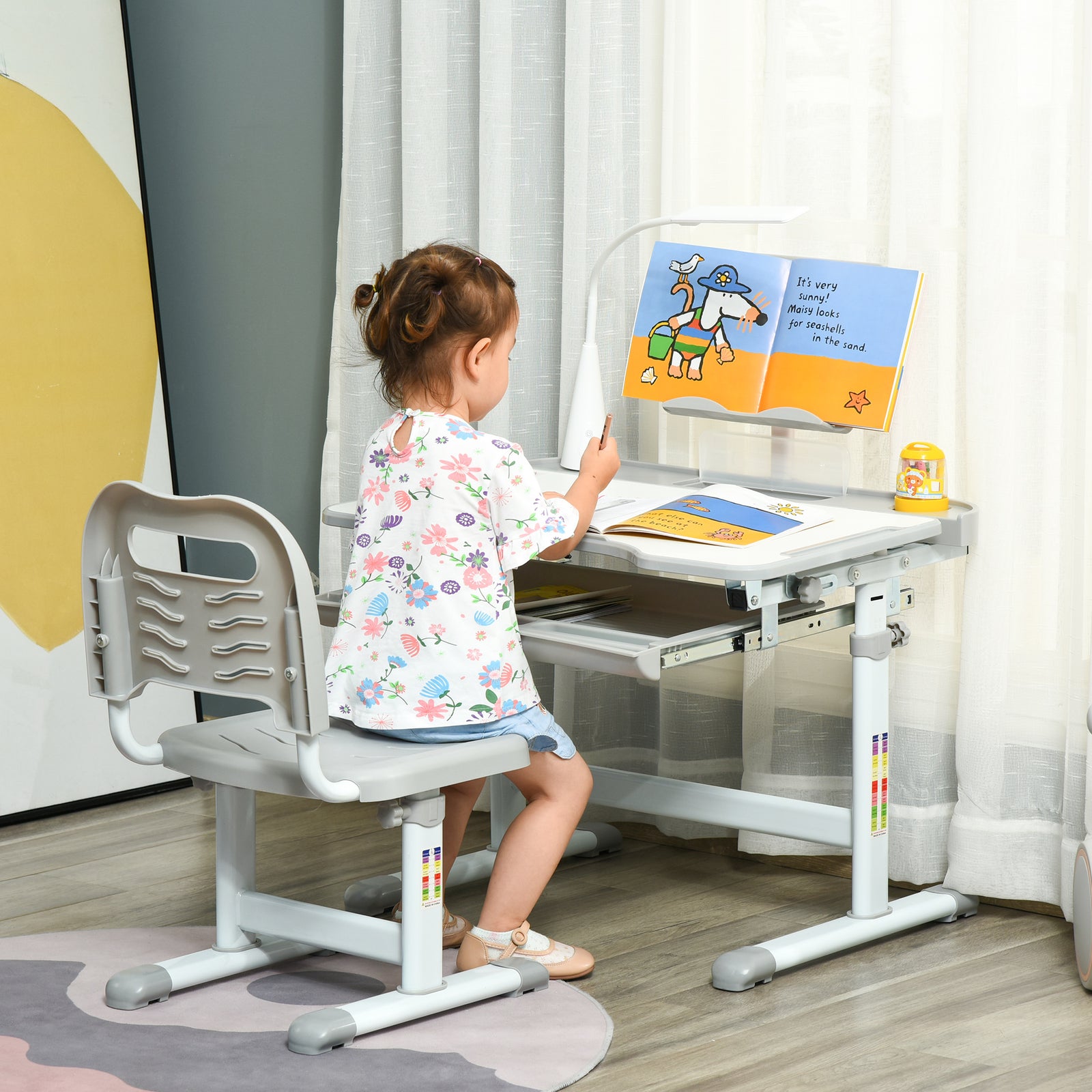 Kids Study Desk and Chair Set w/ Adjustable Height, Storage, Drawer, Grey