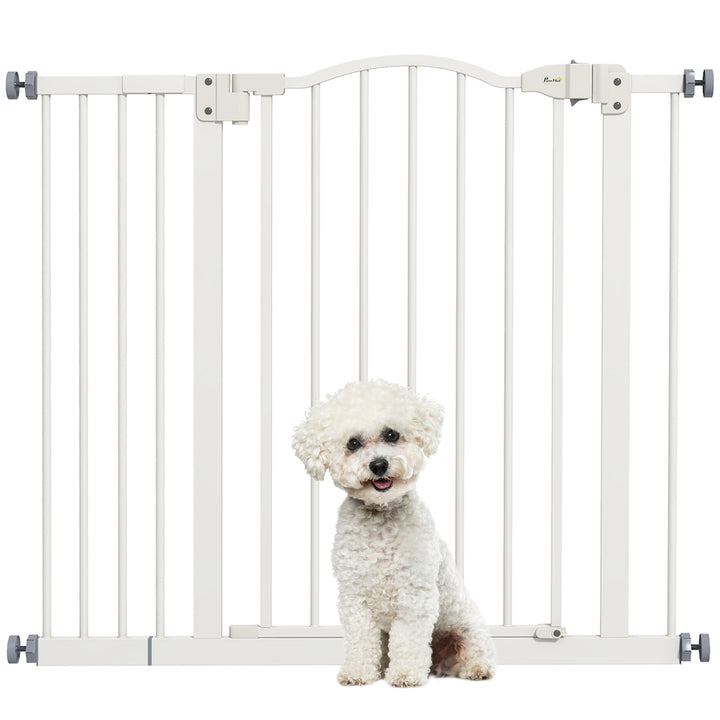 PawHut Adjustable Safety Pet Gate, Metal, Auto-Close Feature, Pressure Mount, 74-94cm, White | Aosom UK