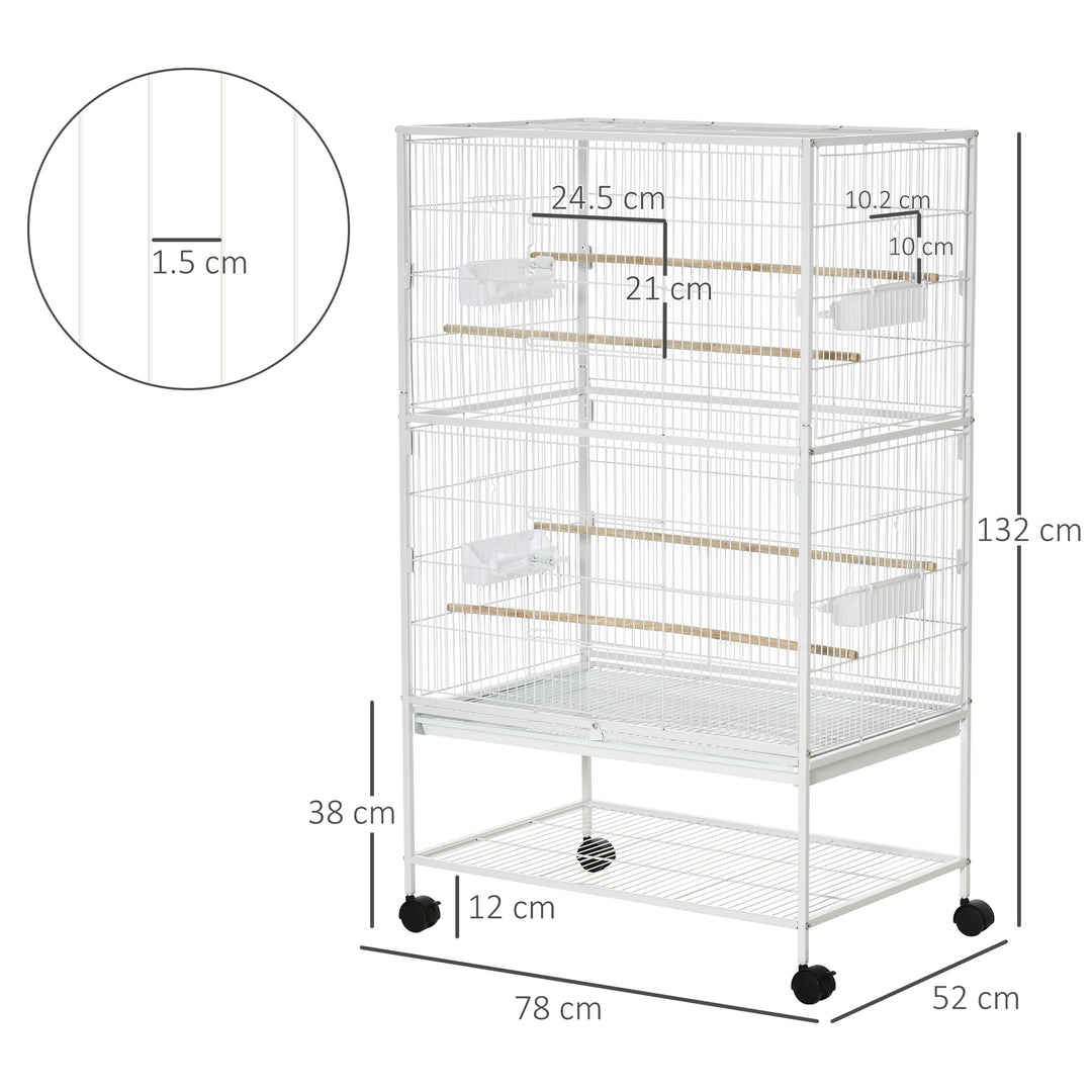 MCL Large Bird Cage Budgie Cage for Finch Canaries Parakeet with Rolling Stand, Slide-out Tray, Storage Shelf, Food Containers, White