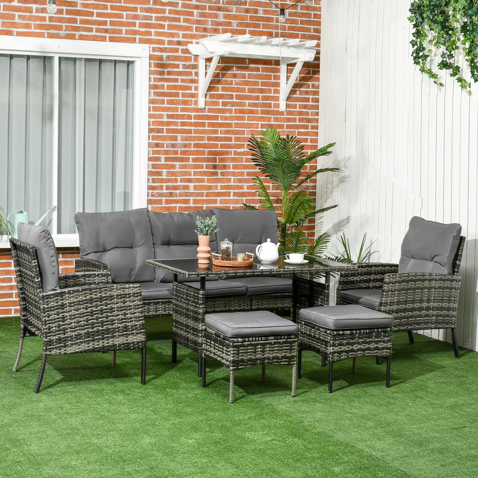 5 Seater Rattan Garden Furniture Set, 2 Armchairs, 3-Seater Wicker Sofa, 2 Footstools and Glass Table, 6 Piece Patio Rattan furniture Sofa Sets with Cushions for Conservatory, Mixed Grey