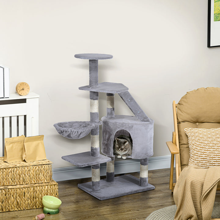 PawHut Cat Tree with Scratching Post, Kitten Activity Centre, Play House, Pet Furniture, 125cm, Grey | Aosom UK