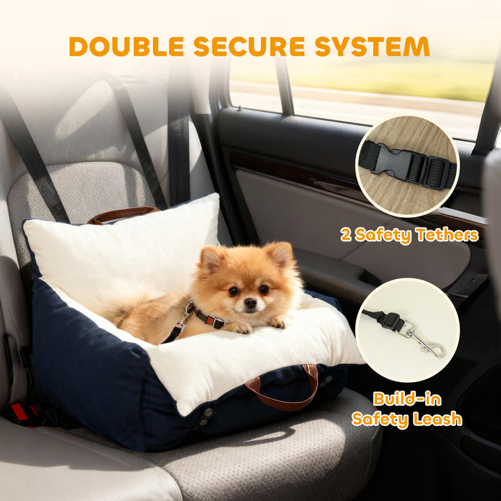 MCL Dog Car Seat, Cosy Pet Car Booster Seat for Small Dog Under 5 KG, Portable Travel Bed with Safety Belts, Navy Blue