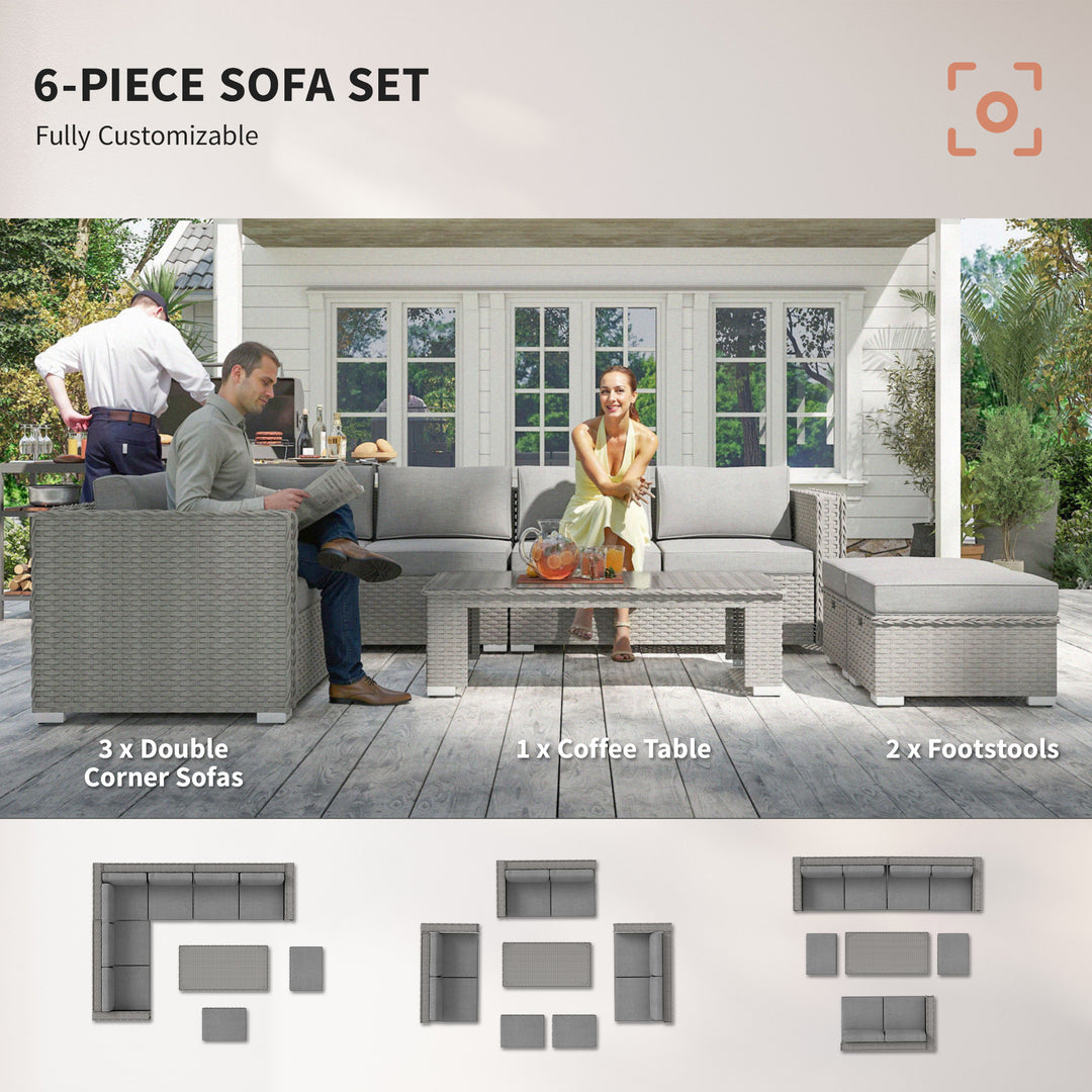 6 Pieces Outdoor PE Rattan Wicker Corner Sofa Set with 10cm Thick Padded Cushions, Aluminium Conservatory Furniture with Glass Top Coffee Table, Footstools, Grey