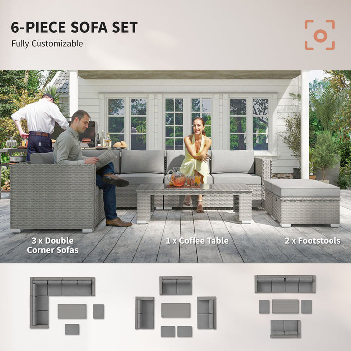 6 Pieces Outdoor PE Rattan Wicker Corner Sofa Set with 10cm Thick Padded Cushions, Aluminium Conservatory Furniture with Glass Top Coffee Table, Footstools, Grey