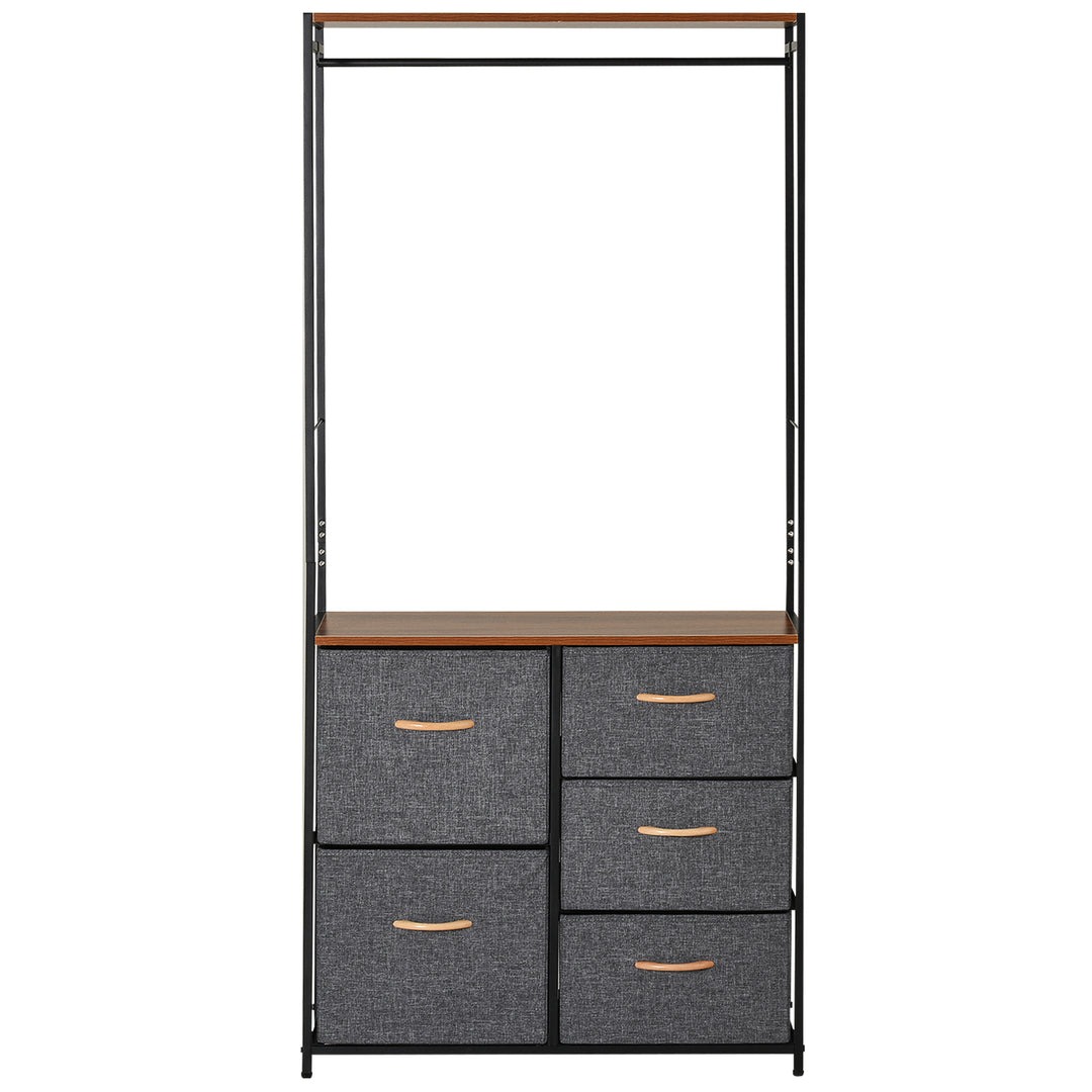 HOMCOM Wardrobe Dresser: Steel-Framed Storage with 5 Drawers, Coat Rack for Bedroom & Hallway, Black/Brown | Aosom UK