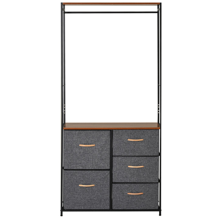 HOMCOM Wardrobe Dresser: Steel-Framed Storage with 5 Drawers, Coat Rack for Bedroom & Hallway, Black/Brown | Aosom UK