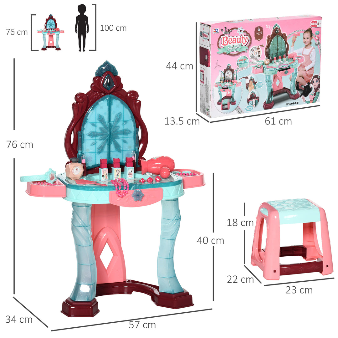 HOMCOM 31 Piece Children's Dressing Table Set with Enchanted Princess Mirror, Musical and Light-Up Beauty Kit, for Ages 3-6, Blue and Pink | Aosom UK