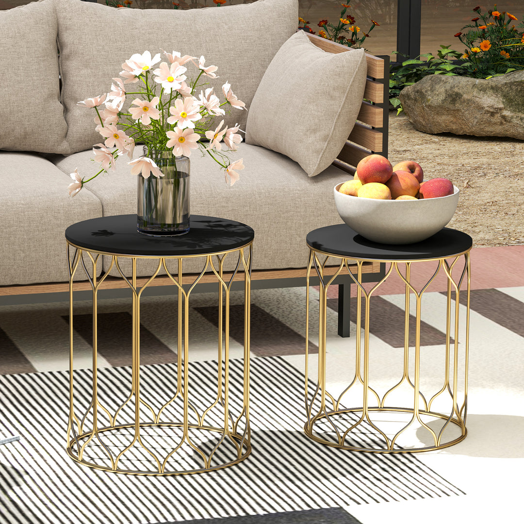 Round Coffee Table Set of 2, Modern Nesting Tables with Ceramic Tile Top, Small End Tables, Indoor Outdoor Side Table with Metal Frame for Living Room, Bedroom, Patio, Balcony, Black