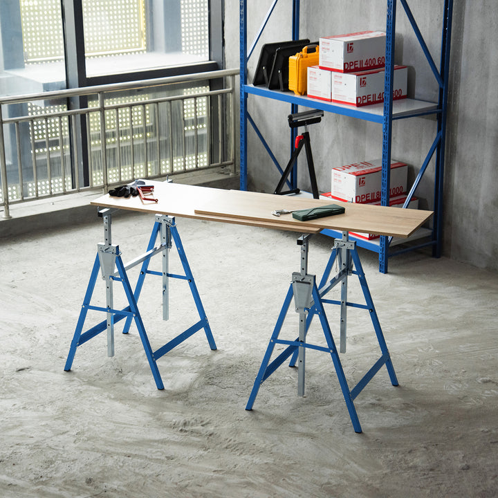 Set of 2 Adjustable Telescopic Builders Trestle, DIY Steel Work Bench Carpenter, Folding Saw Horse Tools Blue