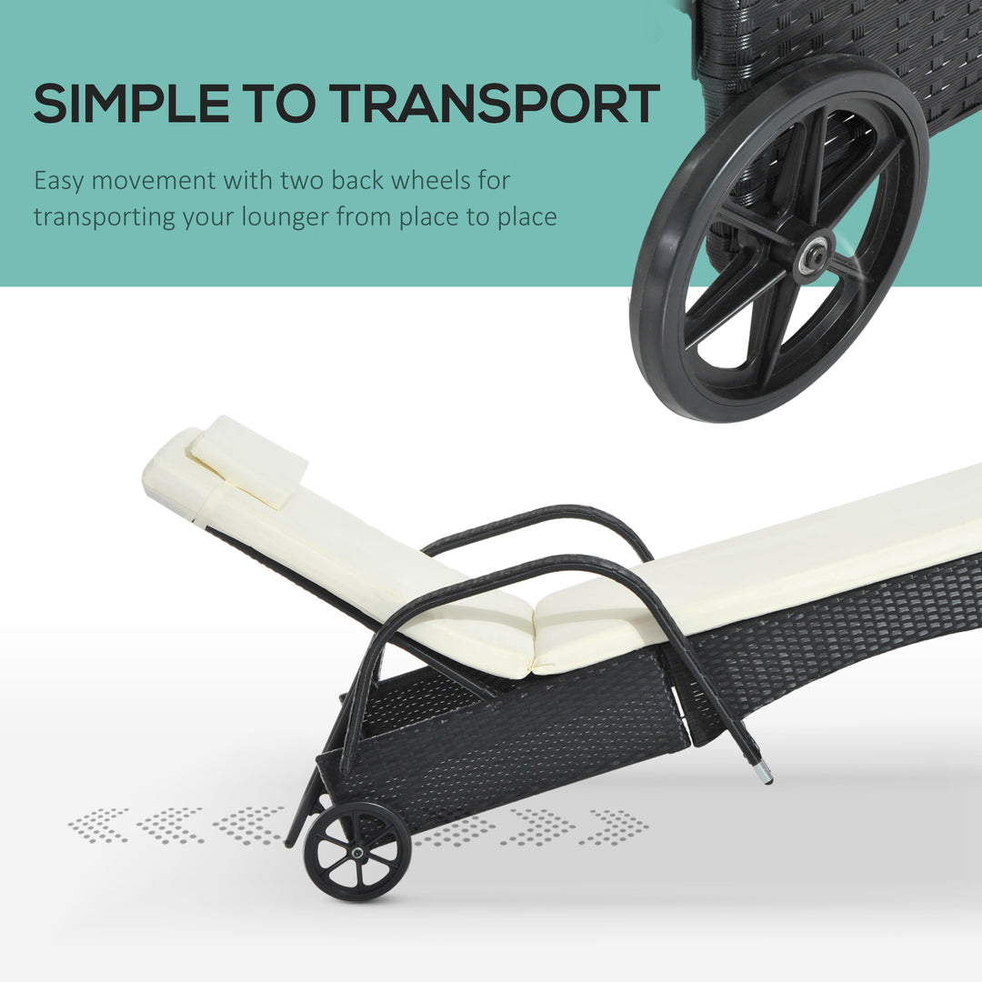 Rattan Sun Lounger, Garden Lounger Recliner with Wheels and Adjustable Backrest, Outdoor Reclining Sunbed Garden Chair with Cushion and Headrest for Patio, Beach, Terrace, Black