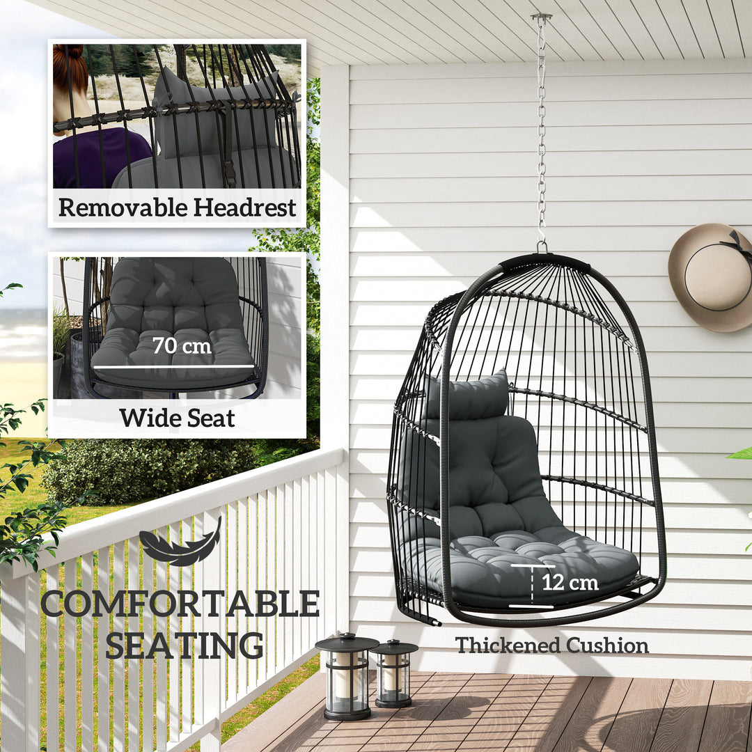 Hanging Egg Chair, Foldable Rattan Garden Swing Chair with Installation Kit, Thickened Cushion and Headrest, Indoor Outdoor Hanging Egg Basket Seat for Patio, Porch, Dark Grey