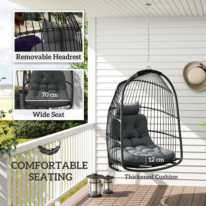 Hanging Egg Chair, Foldable Rattan Garden Swing Chair with Installation Kit, Thickened Cushion and Headrest, Indoor Outdoor Hanging Egg Basket Seat for Patio, Porch, Dark Grey