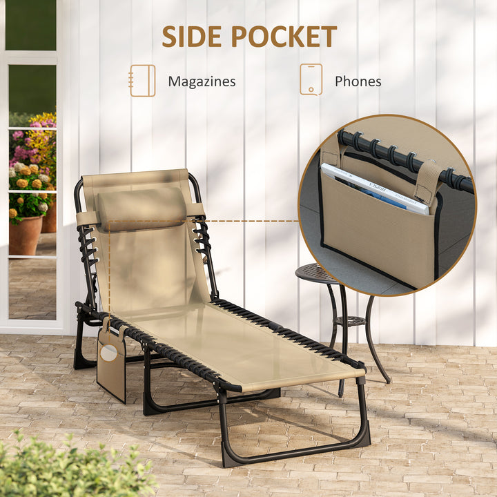 MCL Portable Sun Lounger, Folding Camping Bed Cot, Reclining Lounge Chair 5-position Adjustable Backrest with Side Pocket, Pillow for Patio Garden Beach Pool, Beige
