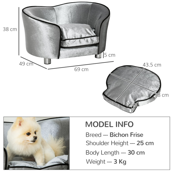 PawHut Pet Sofa with Storage Pocket, Modern Dog Bed & Cat Lounger, Removable Cushion, 69x49x38cm, Silver Grey