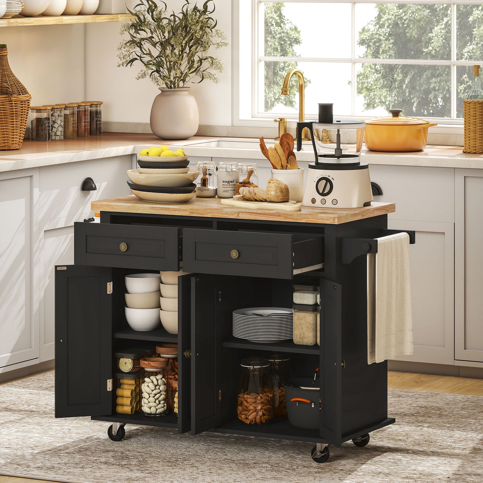 Rolling Kitchen Island Storage Trolley with Rubber Wood Top & Drawers for Dining Room, Black
