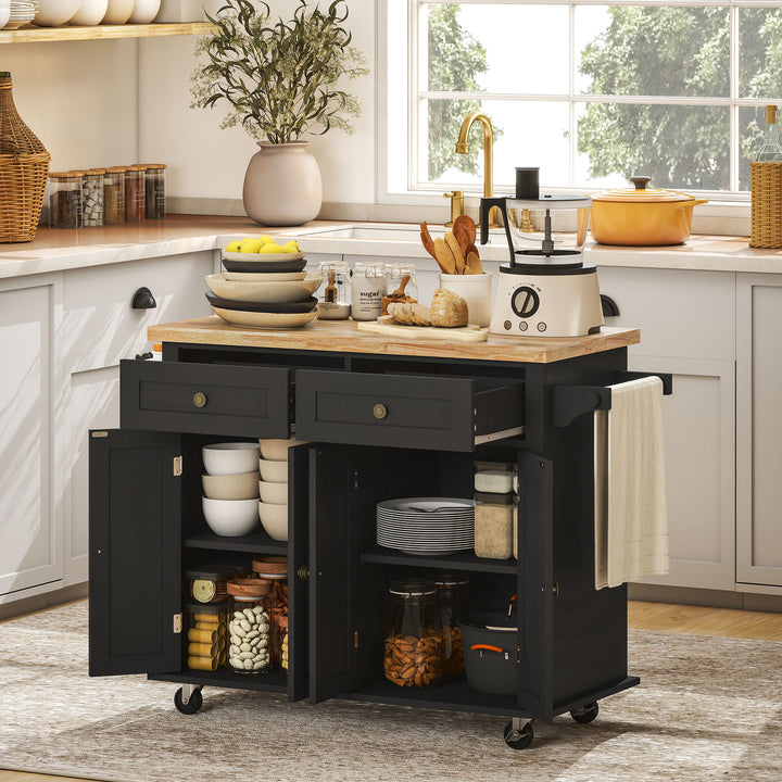 MCL Rolling Kitchen Island Storage Trolley with Rubber Wood Top & Drawers for Dining Room, Black