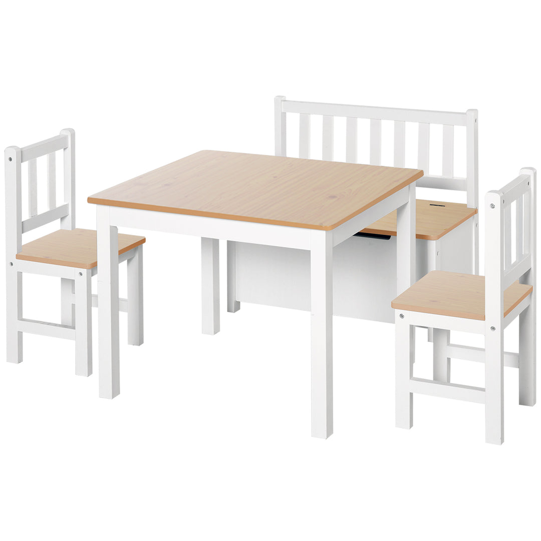 4-Piece Kids Table and Chair Set with 2 Wooden Chairs, 1 Storage Bench, and Interesting Modern Design, Beige/White