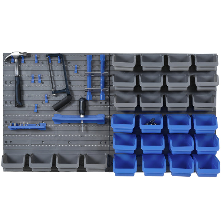 DURHAND Wall Mounted Tool Organiser, 44 Piece Storage Bins, Panel Set with Shelf, Hooks, Screws for Workshop, Blue | Aosom UK