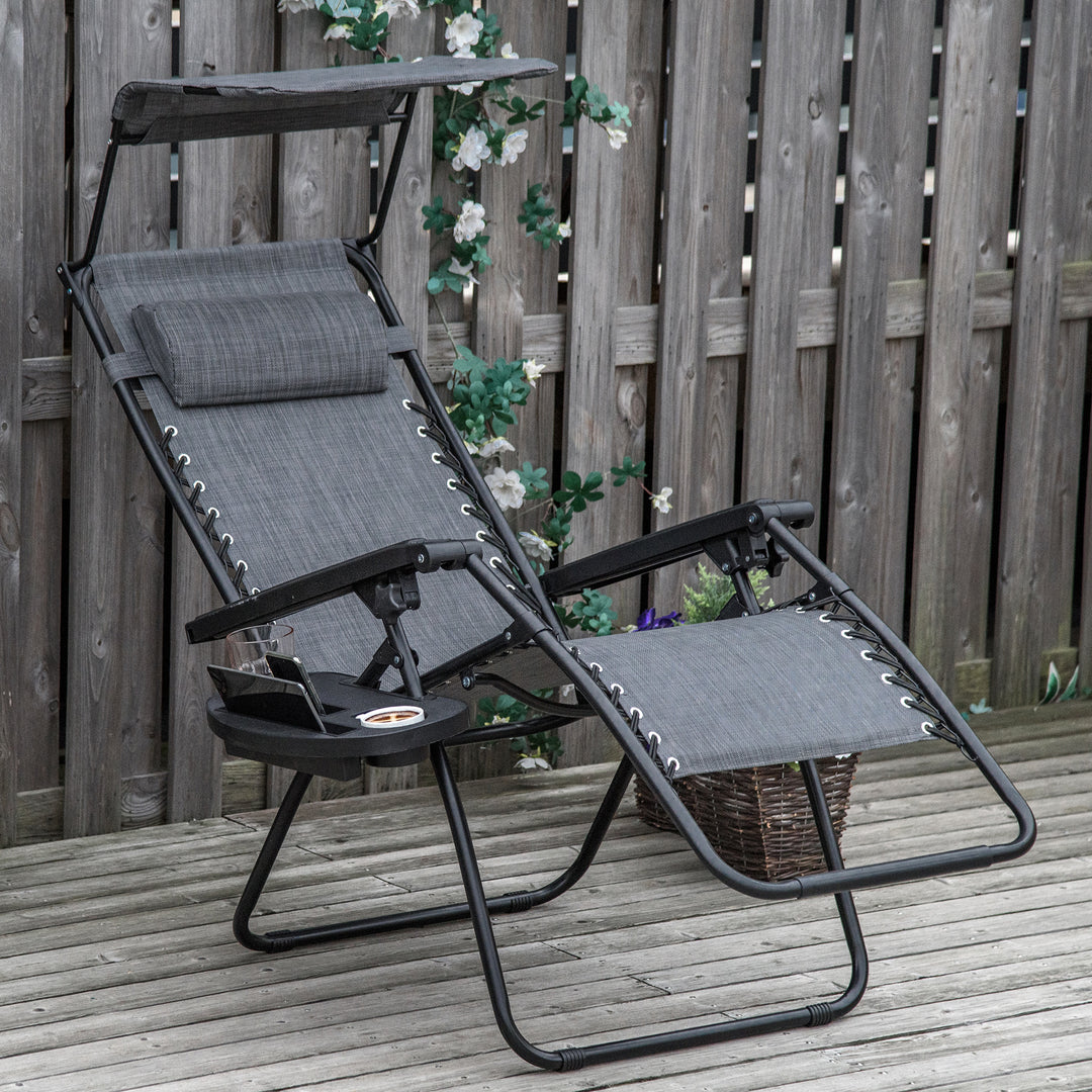 Outsunny Zero Gravity Garden Deck Folding Chair Patio Sun Lounger Reclining Seat with Cup Holder & Canopy Shade - Grey | Aosom UK