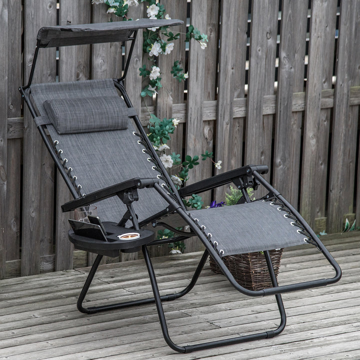 Outsunny Zero Gravity Garden Deck Folding Chair Patio Sun Lounger Reclining Seat with Cup Holder & Canopy Shade - Grey | Aosom UK