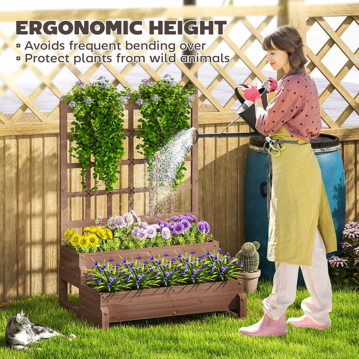 2-Tier Raised Garden Bed with Trellis, Wooden Elevated Planter Box with Drainage Holes, Outdoor Raised Planter for Climbing Plants, Fruits, Vegetables, Flowers, Brown