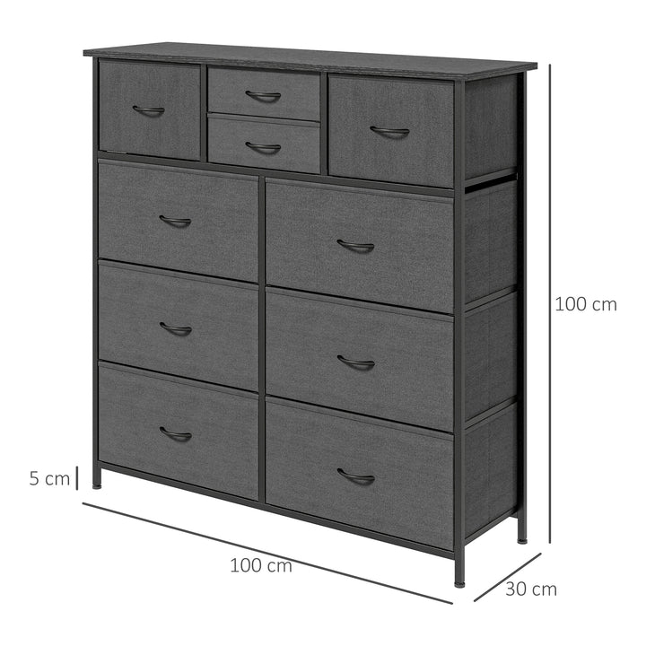 HOMCOM Bedroom Dresser: 10 Fabric Drawers, Steel Frame, Spacious Storage Solution, Ebony Shade