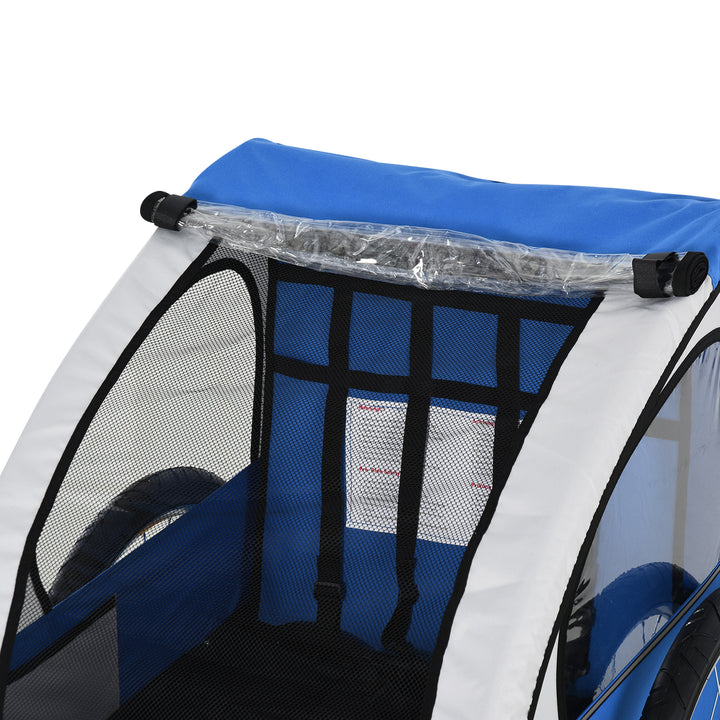 2 Seat Bike Trailer Bicycle wagon for Kids Child Steel Frame Safety Harness Seat Carrier Hitch Coupler Blue White 130 x 76 x 88 cm