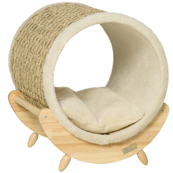 PawHut Elevated Cat House, Kitten Bed with Scratcher, Soft Cushion, Pet Shelter, 41 x 38 x 43 cm, Khaki | Aosom UK