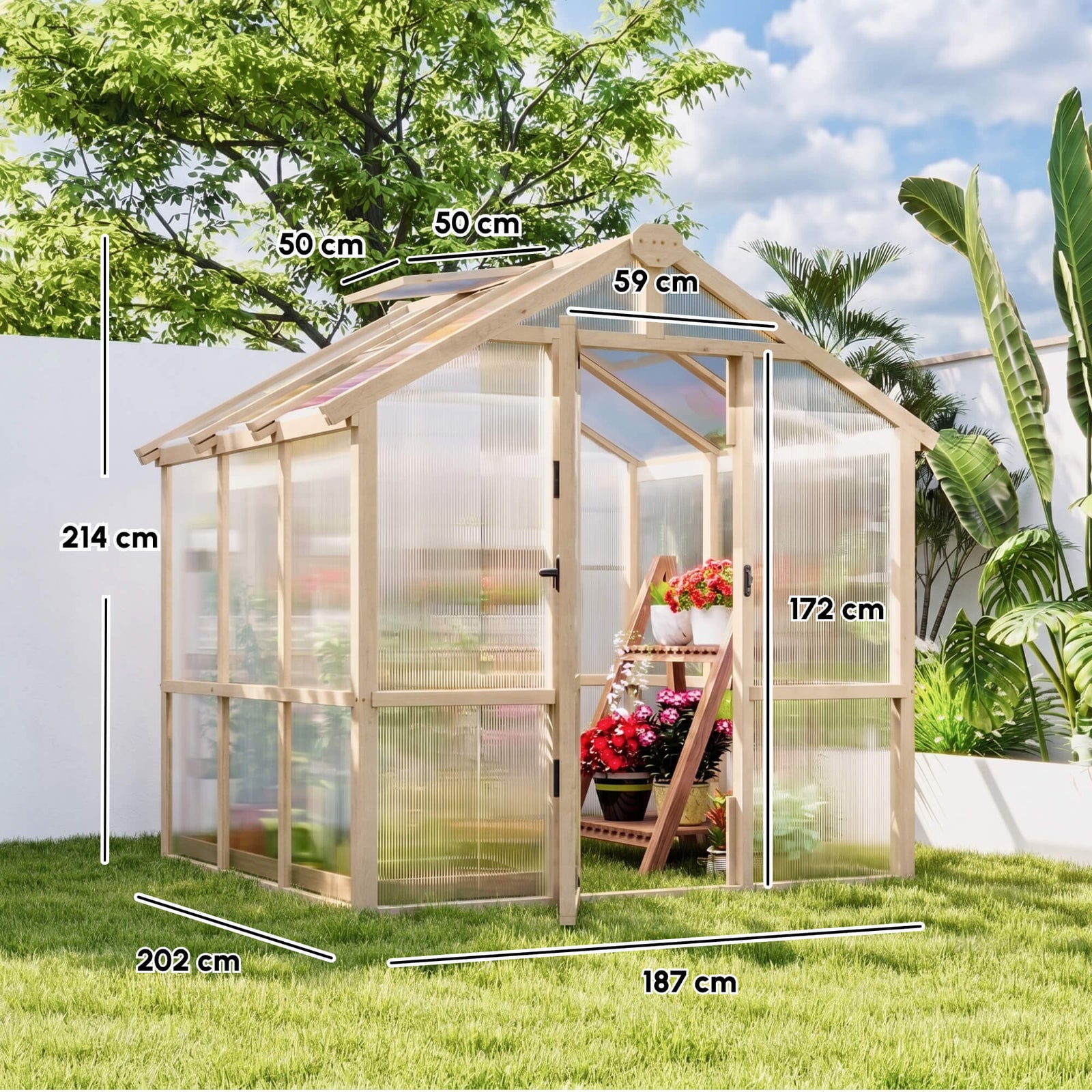 6.6 x 6ft Polycarbonate Greenhouse, Walk-in Wooden Greenhouse with Loc